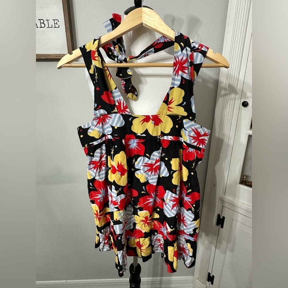 Anthropologie Floral Tie Front Tank Top in Black and Yellow